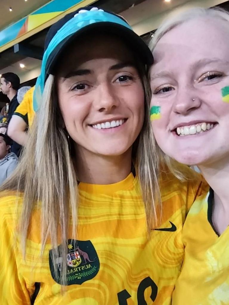 Netherlands midfielder Danielle van de Donk (left) at the Matildas' fixture against France in support of partner, Ellie Carpenter. Picture: Twitter (@eviefootball)