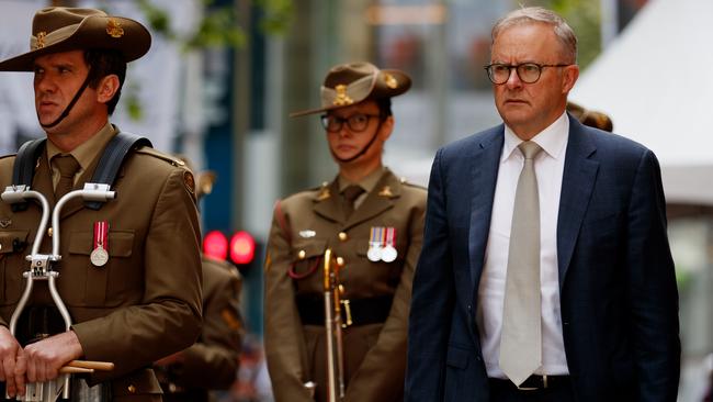 Prime Minister Anthony Albanese at a Remembrance Day service on Friday. Picture: NCA NewsWire / Nikki Short