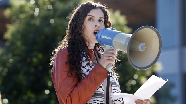 Randa Abdel-Fattah speaks at a pro-Palestine protest at Macquarie University in Sydney. Picture: Richard Dobson