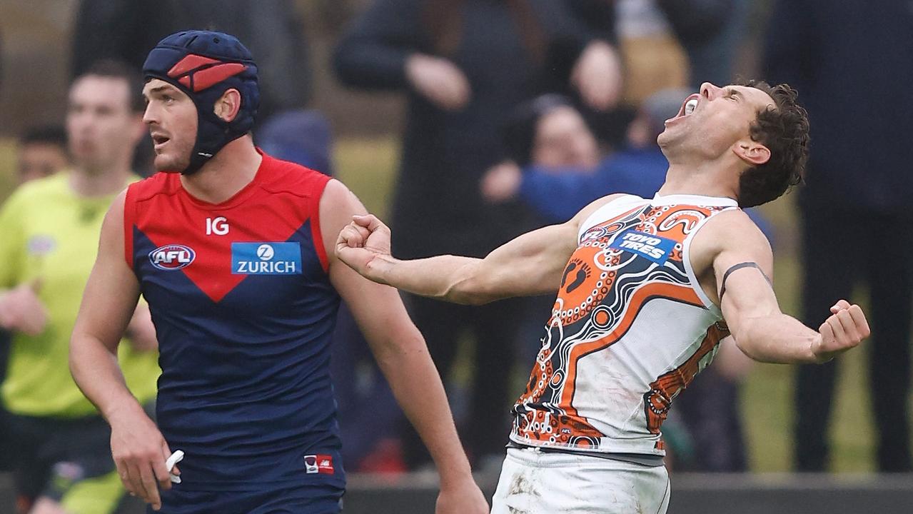 Josh Kelly celebrates after kicking the winning goal against Melbourne. Picture: Michael Willson/AFL Photos