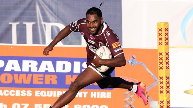 Rugby League Gold Coast A-Grade Round 2 - Burleigh Bears vs. Helensvale Hornets at Pizzey Park. Shalin Fuller scoring a try. 16 May 2021 Miami Picture by Richard Gosling