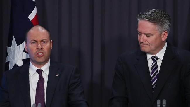 Josh Frydenberg and Mathias Cormann release the mid-year economic and fiscal outlook. Picture: Kym Smith.