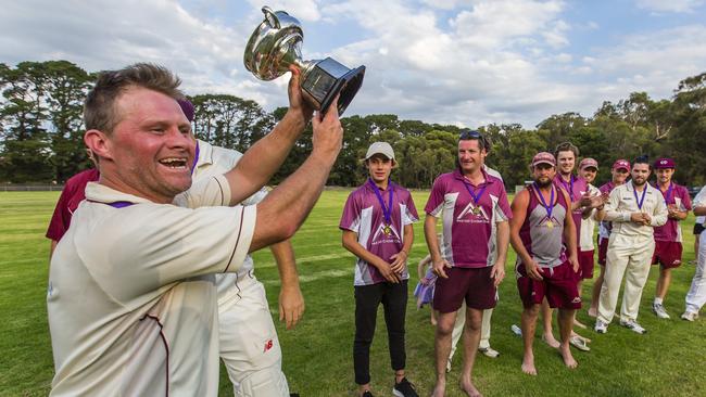 Red Hill captain Simon Dart celebrates the club’s drought-breaking MPCA Grand Final win. Pictures: Valeriu Campan