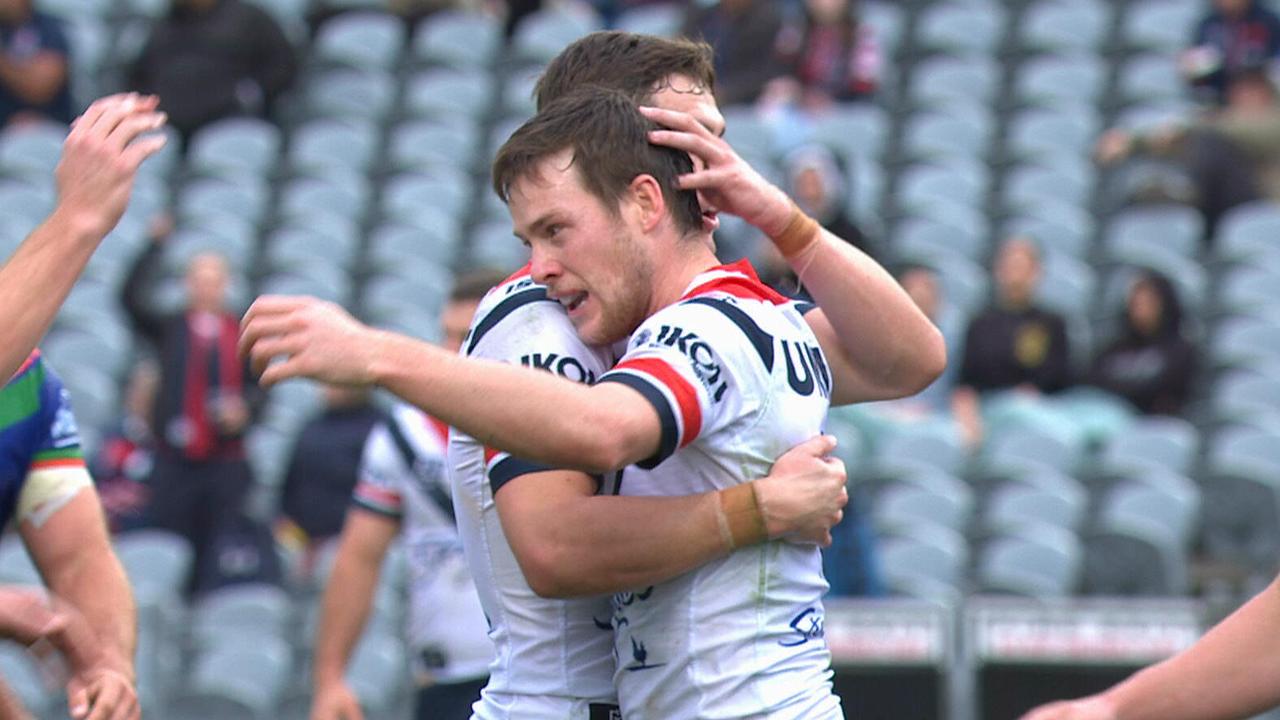 Luke Keary scores a try for the Roosters.