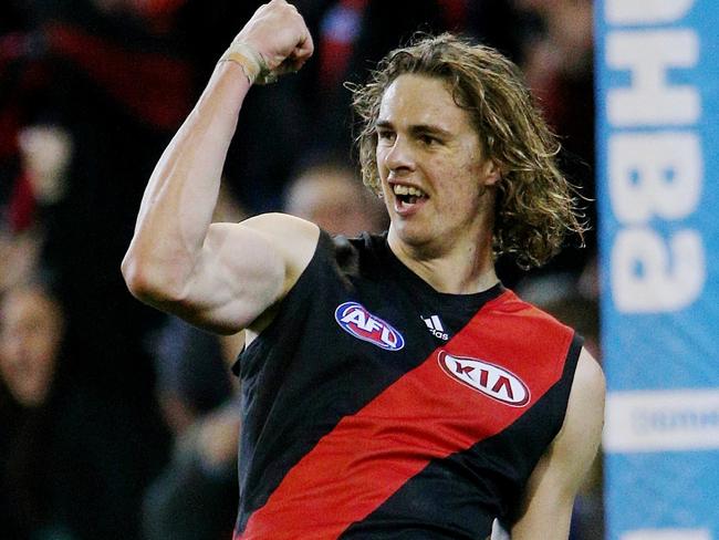 Joe Daniher celebrates one of his four goals. Picture: Colleen Petch.