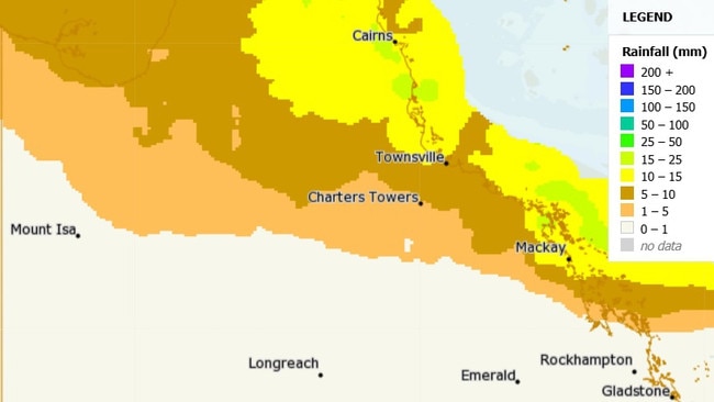 Predicted rainfall distribution for North Queensland on Saturday. Picture: BOM.