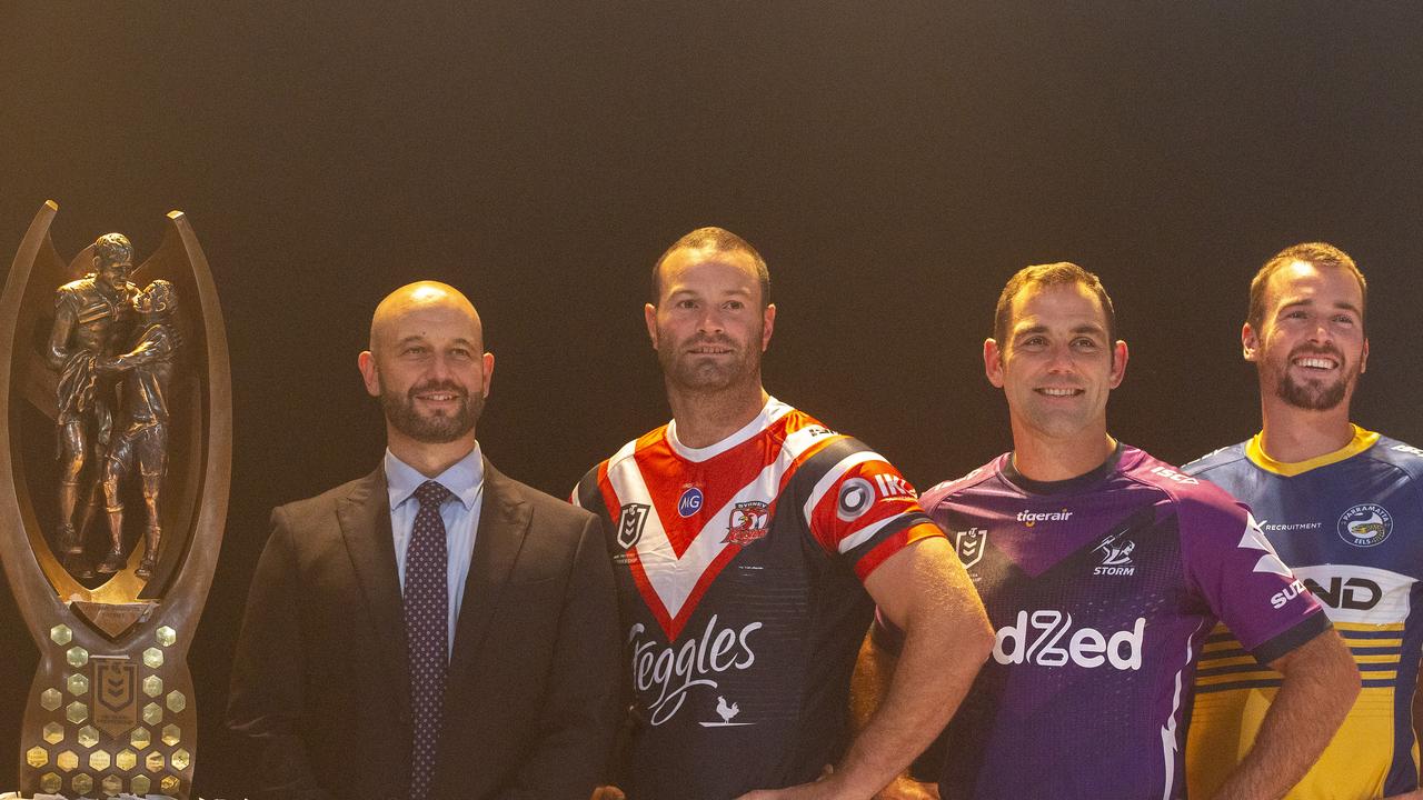 NRL CEO Todd Greenberg, Boyd Cordner, Cameron Smith and Clint Gutherson.