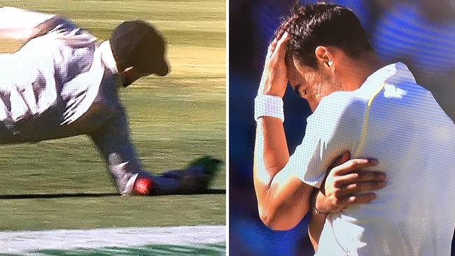 Tim Paine (left) drops Virat Kohli off the bowling of Mitchell Starc (right). Pictures: Fox Sports