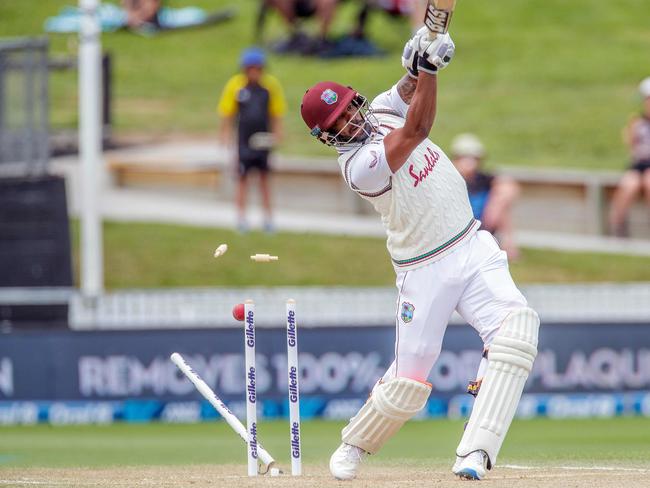 West Indies batsman Shannon Gabriel is clean bowled by New Zealand paceman Neil Wagner on the fourth day of the first Test at Seddon Park in Hamilton