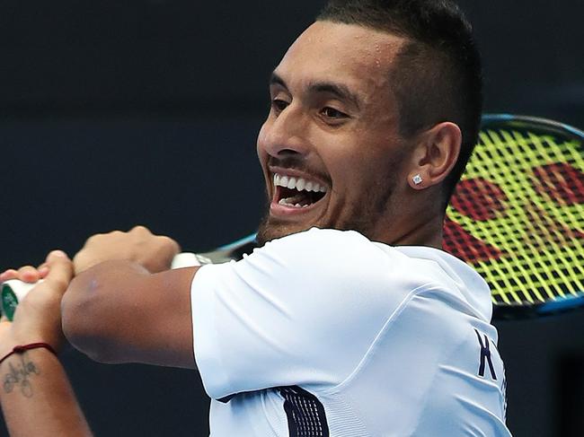 World No.21 Nick Kyrgios with girlfriend Alja Tomljanovic and practice partner at the Queensland Tennis Centre ahead of his debut appearance at the Brisbane International, Tennyson. Photographer: Liam Kidston.