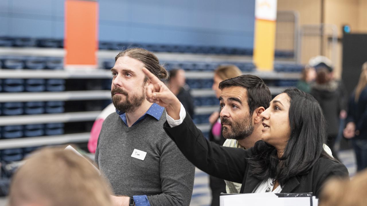 Kids in Space Queensland judges (from left) Dr Timothy Holt, Giovanni Carrillo and Vedika Latchman-Singh at the finals and showcase at Edmund Rice Cultural Centre St Mary's College, Friday, June 7, 2024. Picture: Kevin Farmer