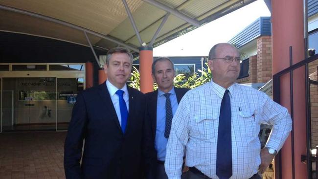 NSW Minister for Resources and Energy, Anthony Roberts, outside Richmond Valley Council Chambers with Clarence MP Chris Gulaptis and Richmond Valley Council mayor Ernie Bennett. Picture: Hamish Broome