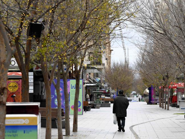 A lone pedestrian in Rundle Mall on Thursday, July 22. Picture: NCA NewsWire / Naomi Jellicoe