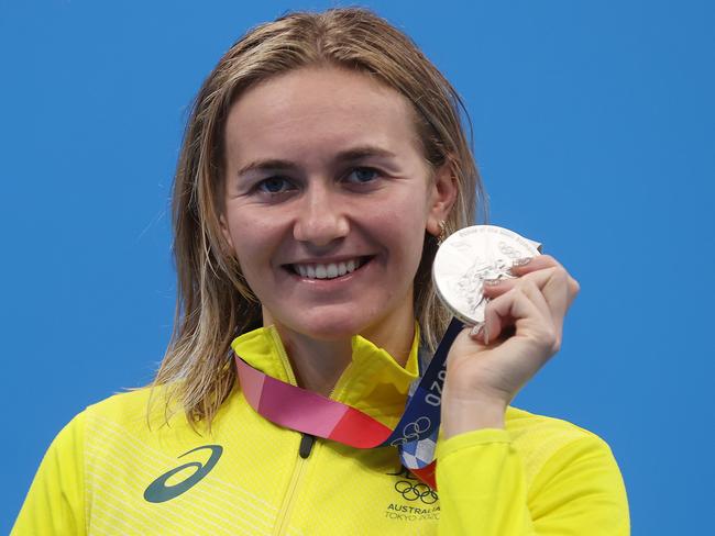 Ariarne Titmus with her silver medal in the 800m freestyle at the Tokyo Olympic Games in July. Picture: Getty