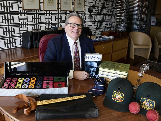 Auctioneer Andrew Shapiro poses for a photograph with items up for auction in the home office of former prime minister Bob Hawke, in Northbridge, Sydney, Wednesday, August 21, 2019. A range of items belonging to Bob Hawke and Blanche D'Alpuget will go to auction on August 27. (Bianca De Marchi)