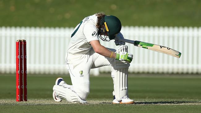 Will Pucovski is struck in the head while playing for Australia A. Picture: Jason McCawley/Getty Images