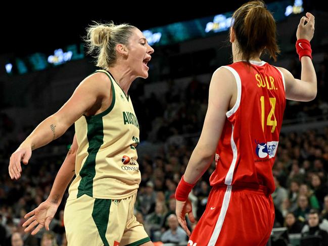 Australia's Lauren Jackson confronts China's Sun Mengran late in the first half. Picture: AFP