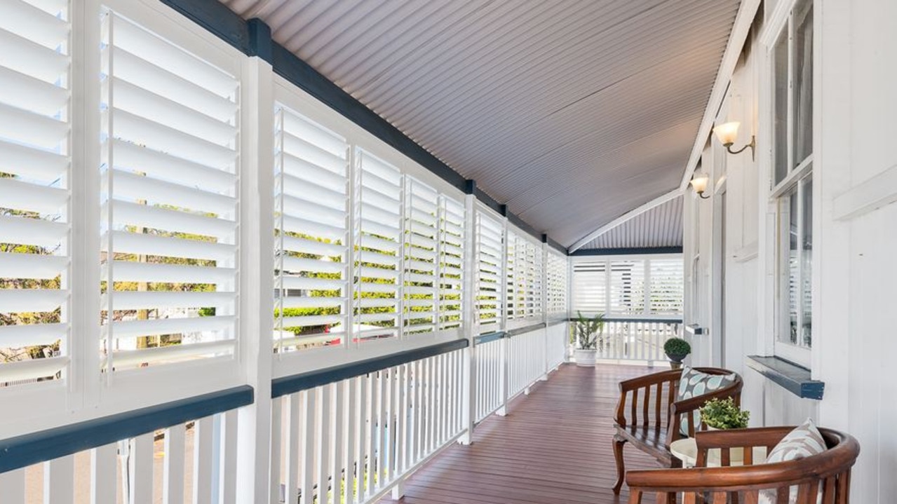 Beautiful wide veranda and curved roof detail at the home in 2 Grattan Street, Woolloongabba.