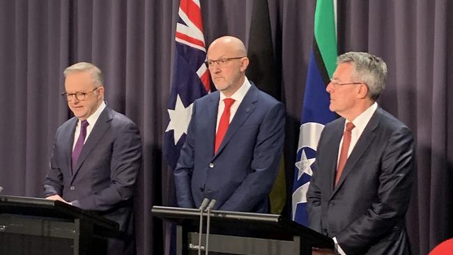 ASIO boss Mike Burgess (centre) said Australia’s security environment was very different to when the terror threat level was raised a decade ago. Picture: NewsWire / Joseph Olbrycht-Palmer