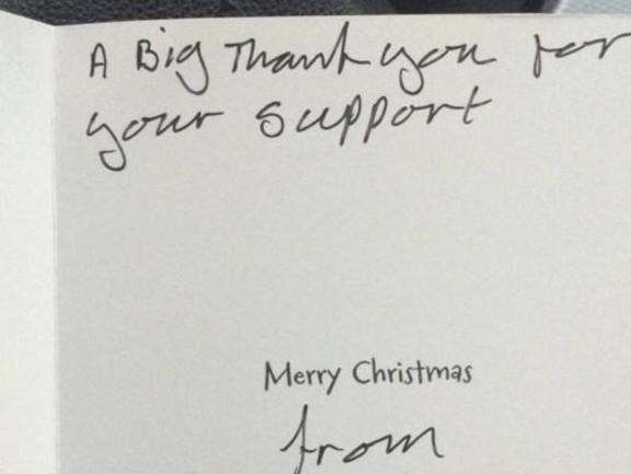 The Christmas card written by Simon, a homeless Big Issue seller in England, for Lee Houghton, a business analyst who bought him coffee and croissants for four months out of kindness. Picture: UK Mirror