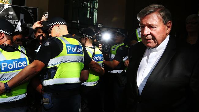 George Pell leaves Melbourne Magistrates’ Court in 2018. Picture: Getty Images