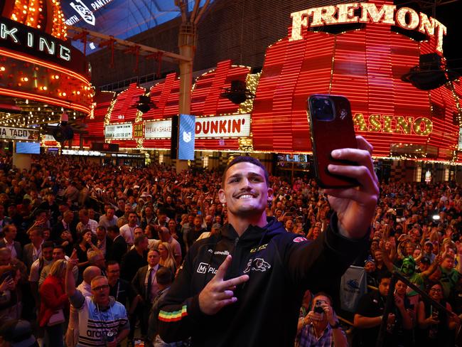 Cleary taking a selfie in front of thousands of NRL fans at a Las Vegas season launch event on Fremont Street. Picture: Jonathan Ng