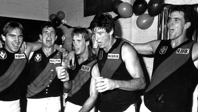 The 1989 Bombers including Paul Hamilton, Terry Daniher, Greg Anderson, Simon Madden and Paul Salmon.