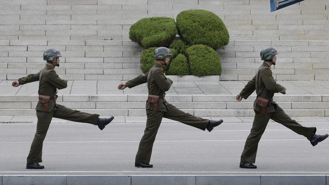 North Korean army soldiers march during a visit by Australian Defence Minister Marise Payne and Foreign Minister Julie Bishop. Picture: AP