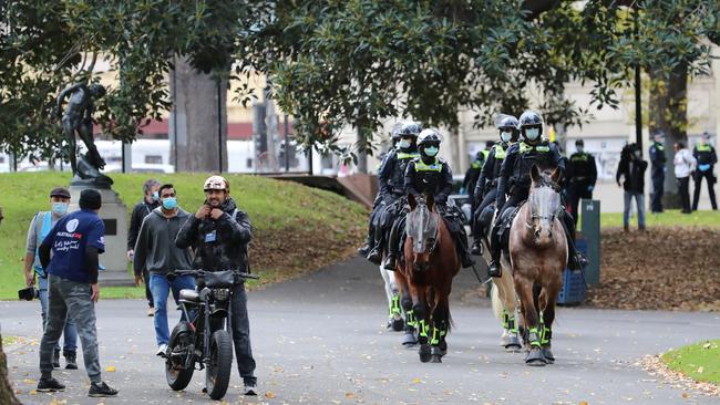 Mounted police in Flagstaff Gardens, Melbourne. Picture: Alex Coppel