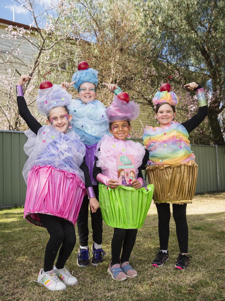 Clifton State School cupcakes (from left) Peighton Hetherington, Annabelle Morris, Charlotte Newman and Scarlett Chalmers inspired by the Ella and Olivia book Cupcake Catastrophe. Picture: Kevin Farmer