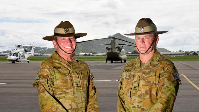 Major Keiran Morgan and Major Anthony Griffith are leaving the army 5th Aviation Regiment after a combined service of 80 years. Picture: Evan Morgan