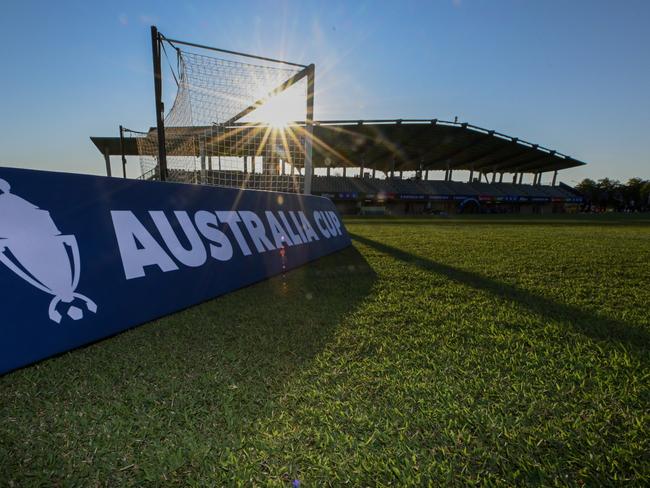 DARWIN, AUSTRALIA - JULY 23:Australia Cup signage  during the Australia Cup Play-Off match between Brisbane Roar and Perth Glory at Darwin Football Stadium on July 23, 2024 in Darwin, Australia. (Photo by Mark Brake/Getty Images)