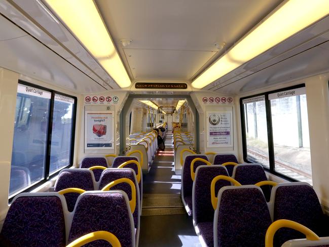 Empty Train between Wooloowin and Eagle Junction stations, Brisbane. Picture: Steve Pohlner