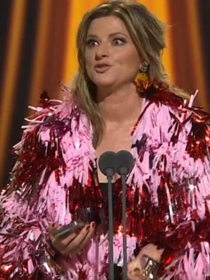 Julia Zemiro accepts the Logie on behalf of Kitty Flanagan. Picture: Channel 7