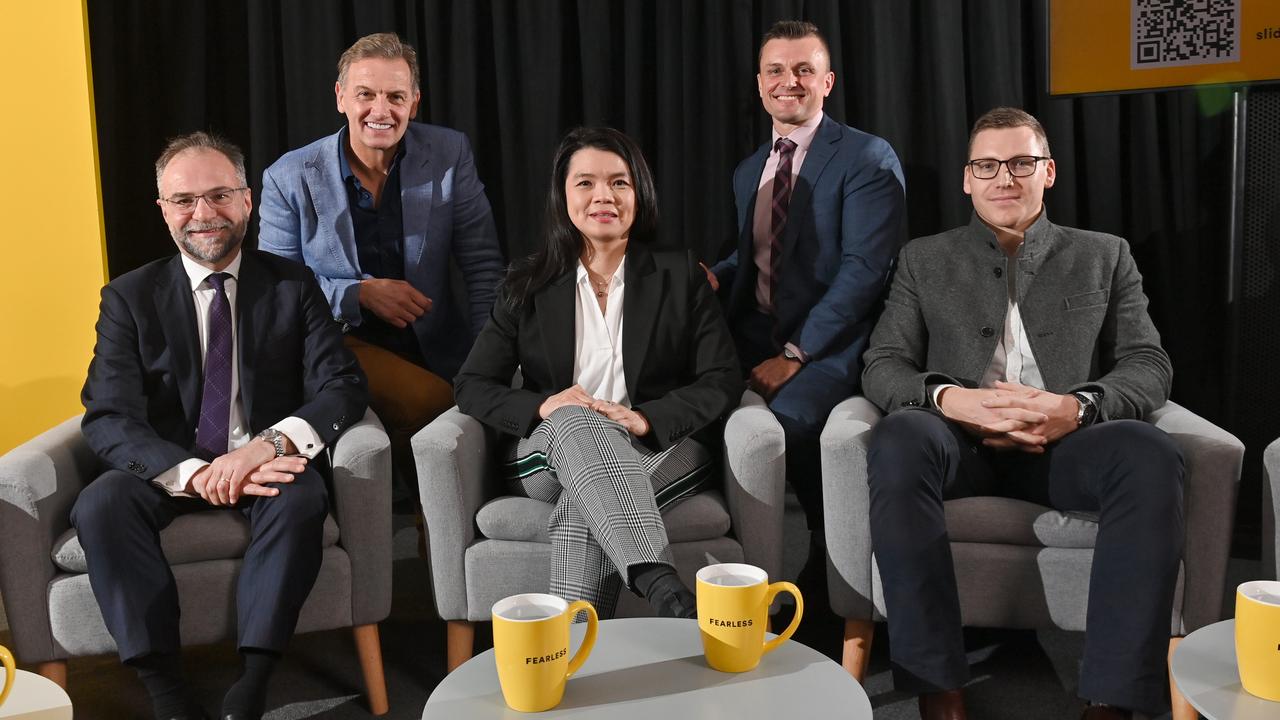 Fearless Conversation panellists before the latest seminar, focusing on financial security. From left: Bendigo and Adelaide Bank chief economist David Robertson, host Channel 7 presenter Mark Soderstrom, Flinders University senior lecturer (accounting) Dr Michelle Yeong, UniSuper Advice SA state manager Tristan Barnes and Milestone project management director Nick Peacock. Picture: Keryn Stevens Picture: Keryn Stevens