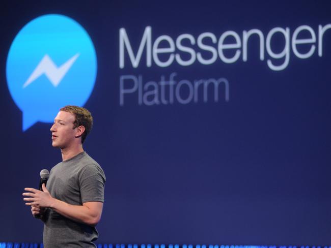 Facebook CEO Mark Zuckerberg introducing a new messenger platform in 2015. Picture: AFP