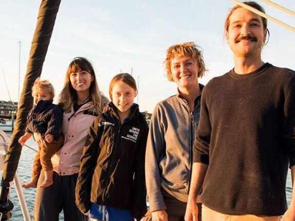 Greta Thunberg (centre) Australians Elayna Carausu (left holding her young son) and Riley Whitelum (right) as well as UK skipper Nikki Henderson. Picture: Instagram