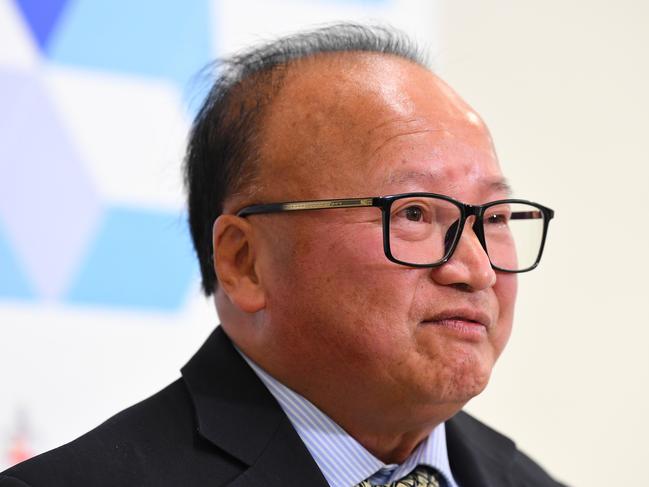 Oceania Federation of Chinese Organisations president Sunny Duong speaks to media following a tour of the intensive care unit at the Royal Melbourne Hospital in Melbourne, Tuesday, June 2, 2020. Alan Tudge has accompanied the Oceania Federation of Chinese Organisations president Sunny Duong who has donated more than $37,000 to Royal Melbourne Hospital. (AAP Image/James Ross) NO ARCHIVING