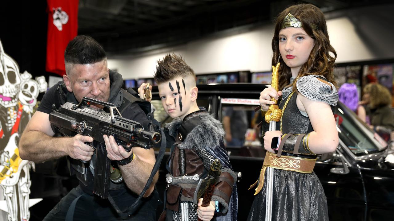 Supanova Comic Con at Adelaide Showground. Jack Hackenbruch with daughter Annabelle, 11, and Zack, 9. Picture: Dean Martin