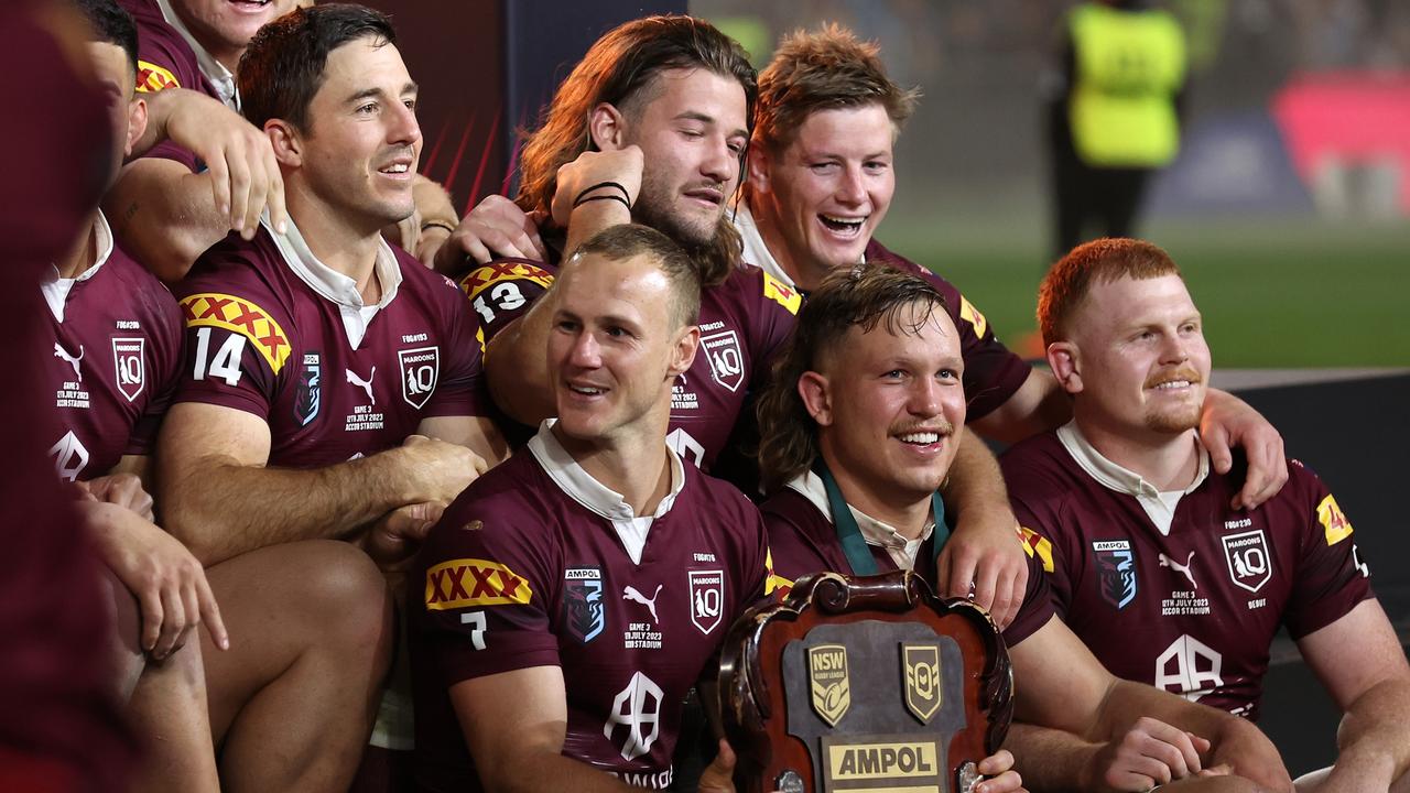 SYDNEY, AUSTRALIA - JULY 12: Daly Cherry-Evans of the Maroons celebrates with team mates after winning the series 2-1 after game three of the State of Origin series between New South Wales Blues and Queensland Maroons at Accor Stadium on July 12, 2023 in Sydney, Australia. (Photo by Mark Kolbe/Getty Images)