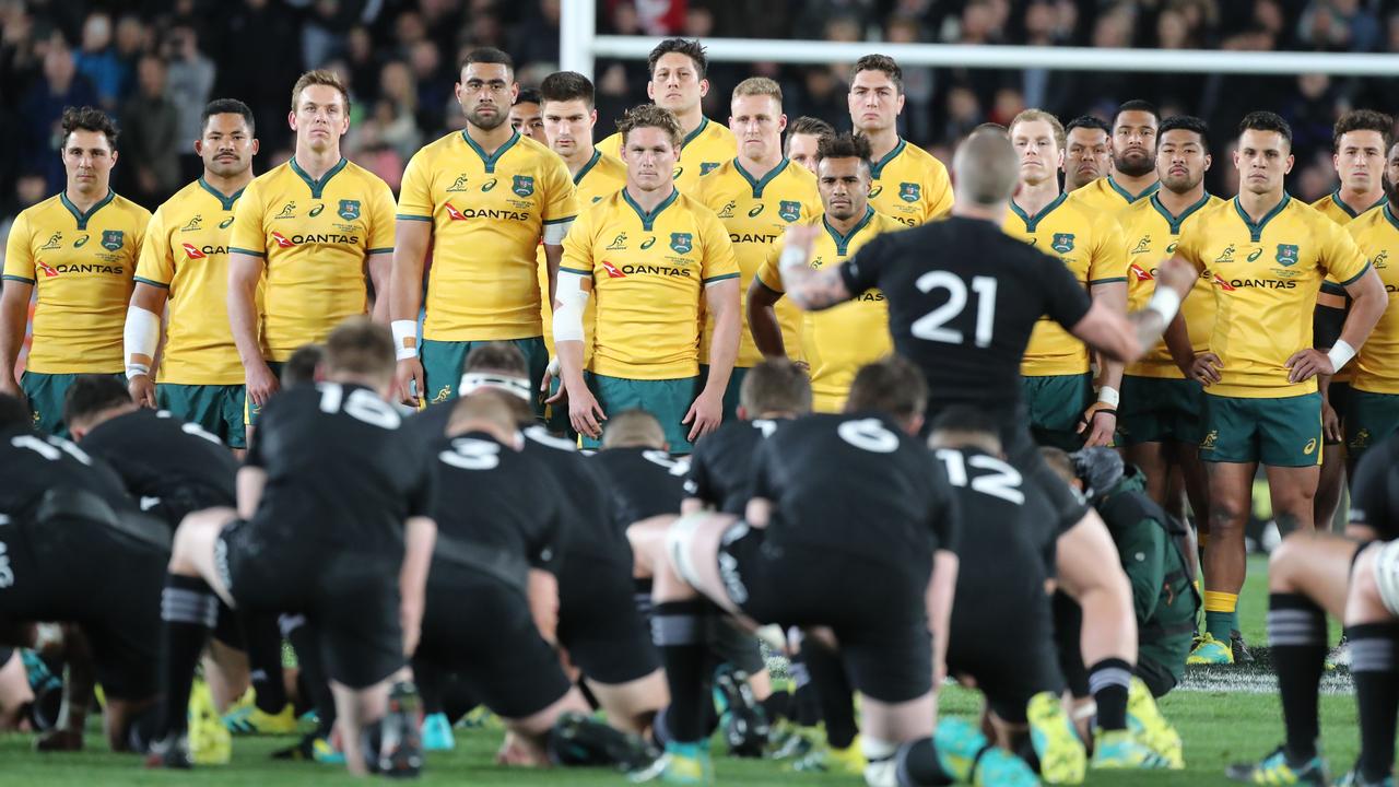 The Wallabies face the haka during a Bledisloe Cup match at Eden Park.