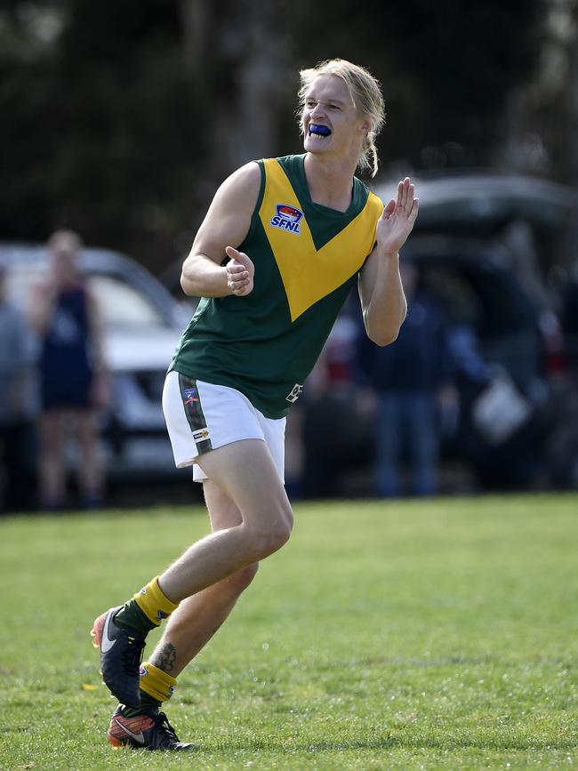 Daniel Strom celebrates a goal during the SFNL Div 3 Grand Final. Picture: Andy Brownbill.