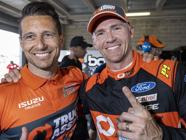 BATHURST, AUSTRALIA - OCTOBER 16: Lee Holdsworth and co driver Michael Caruso drivers of the #5 Truck Assist Racing Ford Mustang celebrate provisional pole ahead of the Bathurst 1000 which is part of the 2020 Supercars Championship, at Mount Panorama on October 16, 2020 in Bathurst, Australia. (Photo by Handout/Mark Horsburgh/Edge Photographics via Getty Images )