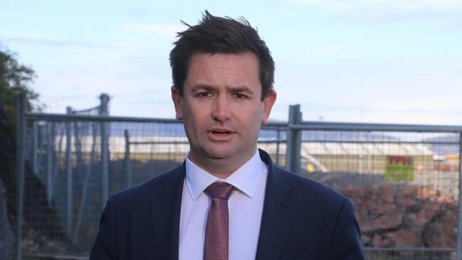 Labor leader Dean Winter speaks to the media at Macquarie Point on Monday, July 8, 2024.