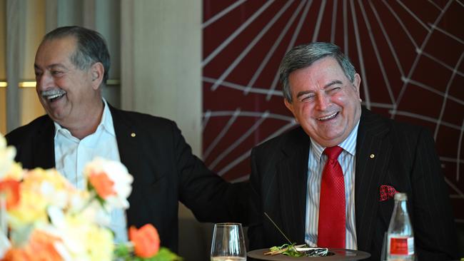 Businessmen Harvey Lister, right, and Andrew Liveris. Lister’s deal with the state government has been terminated after Brisbane Arena was axed. Picture: Lyndon Mechielsen/Courier Mail
