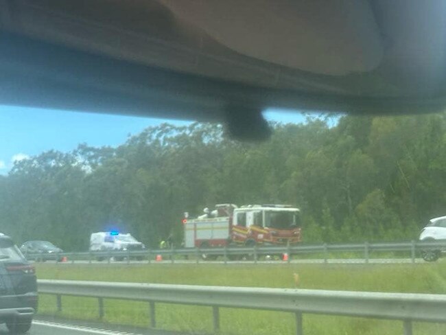 Traffic was at a standstill after a vehicle caught fire in Coochin Creek on the Bruce Hwy Sunday morning. Photo: Carlie Walker.