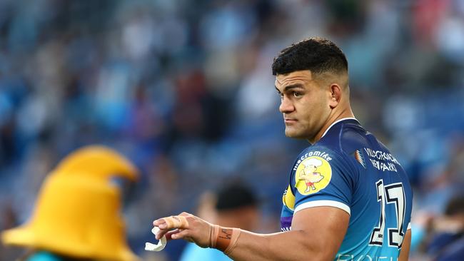 GOLD COAST, AUSTRALIA – AUGUST 28: David Fifita of the Titans looks on during the round 24 NRL match between the Gold Coast Titans and the Newcastle Knights at Cbus Super Stadium, on August 28, 2022, in Gold Coast, Australia. (Photo by Chris Hyde/Getty Images)