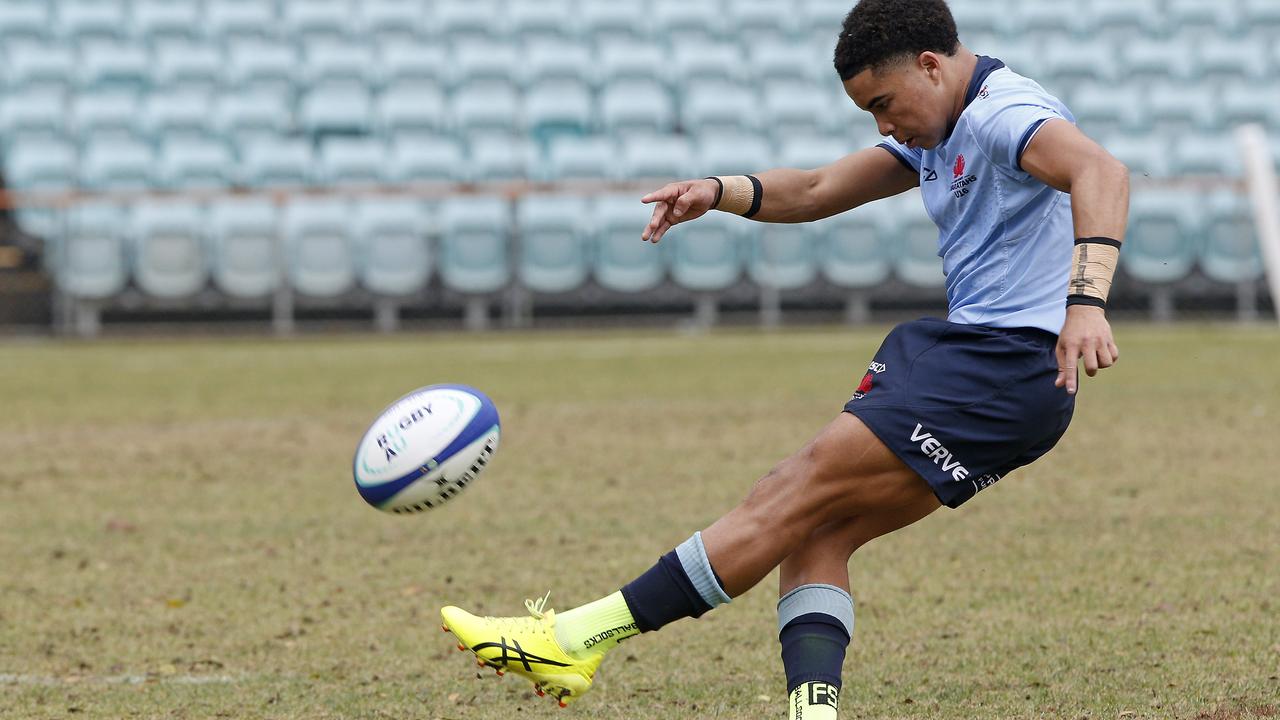 Saxon Gaw converts for Waratahs U16s against the Melbourne Rebels in Super Rugby at Leichhardt Oval. Picture: John Appleyard.