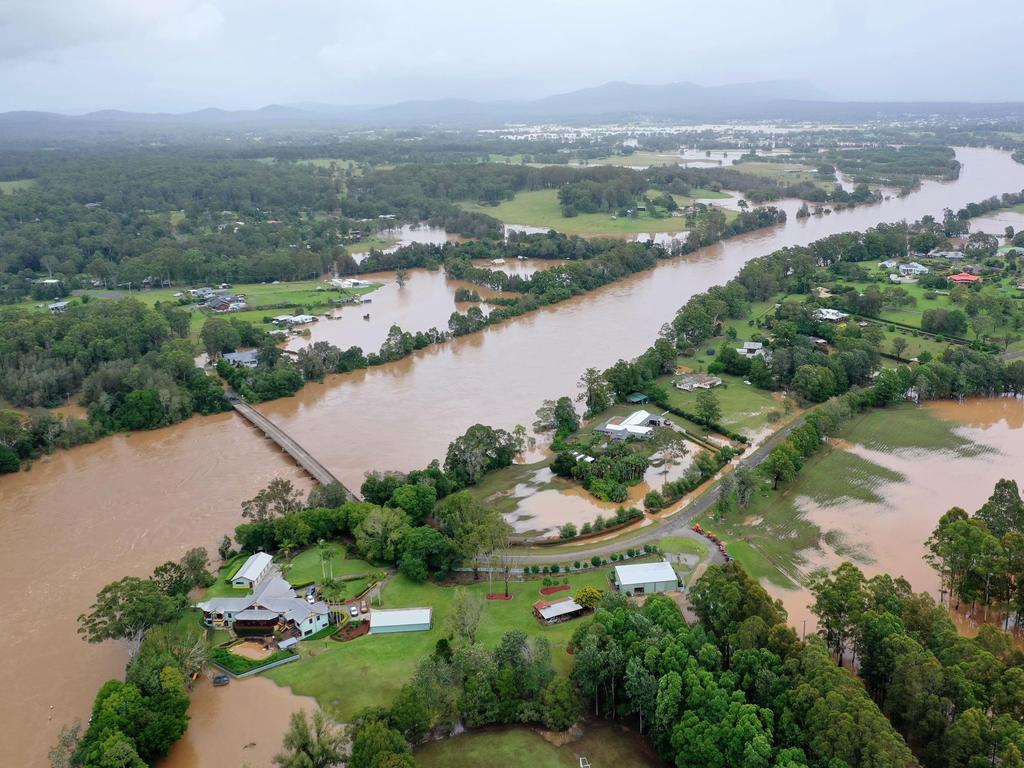 Aerial images over Sancrox near Port Macquarie as flood waters rise. Picture: Luke Bullus