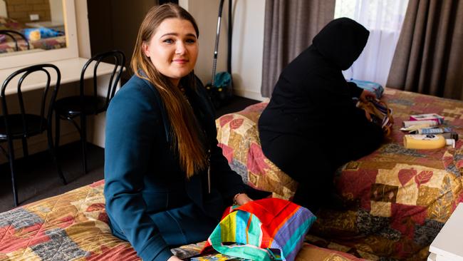 AnglicareSA case manager Ally supporting Kylie who has been in a hotel since March with her daughters after a relationship breakdown left them homeless. Picture: Morgan Sette